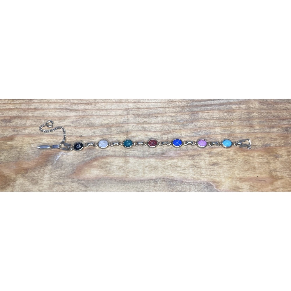 Vintage 7-Stone Link Scarab Bracelet Gold tone unsigned Multicolor Oval Gems